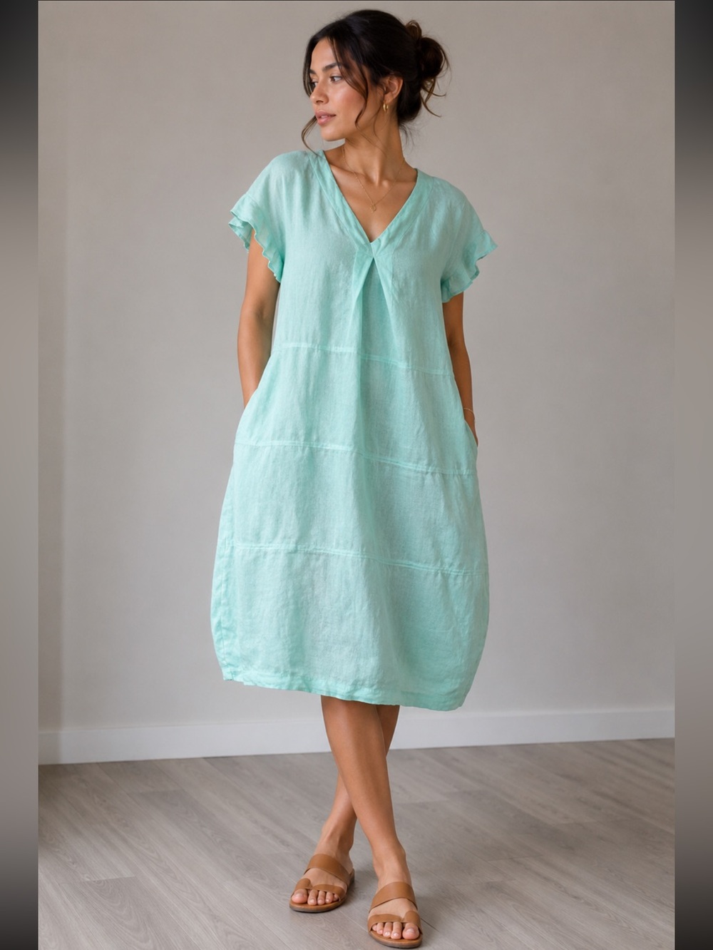 Sahara London mint green vneck linen midi dress size 5 UK 18/20